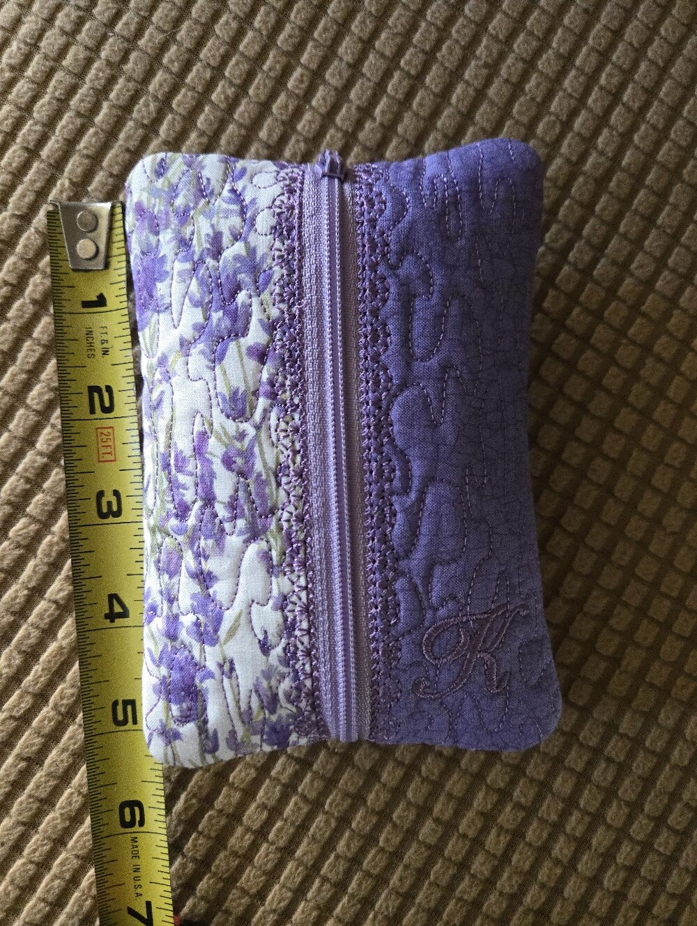 NEW Handmade Lavender Quilted Zipper Pouch with Monogram K - Picture 3 of 4
